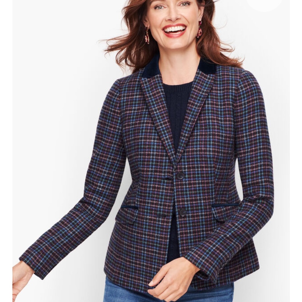 Talbots Size 18 Mistletoe Plaid Shetland Wool Blazer Velvet Collar Old Money